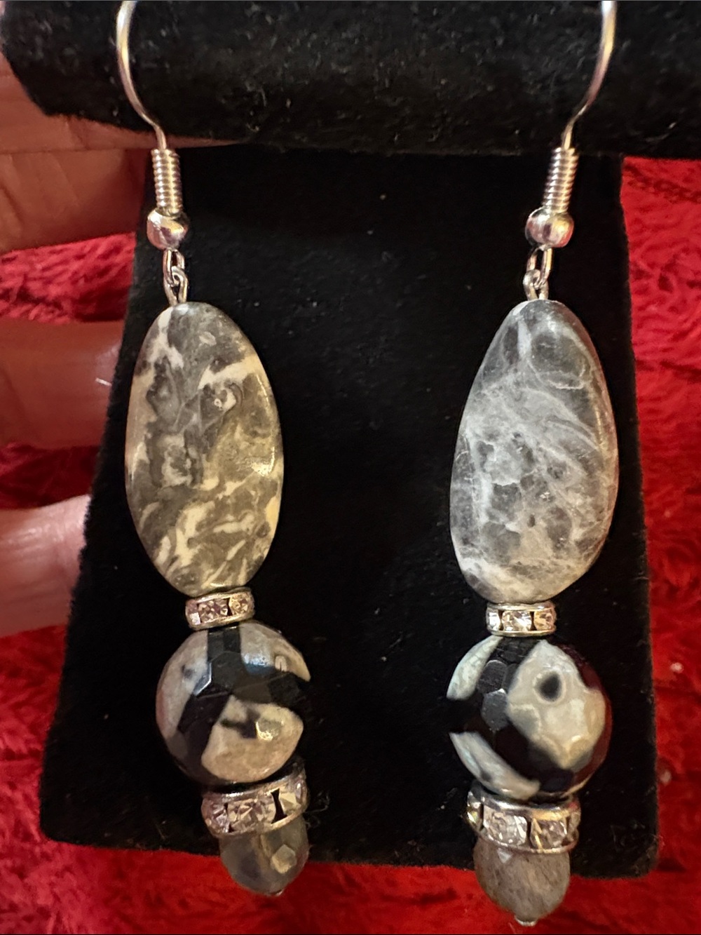 Hand Crafted Zebra Jasper, Labradorite and Larvakite Marbled Drop Earrings